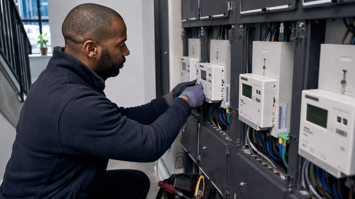 Field engineer commissioning a bank of Senapt smart meters