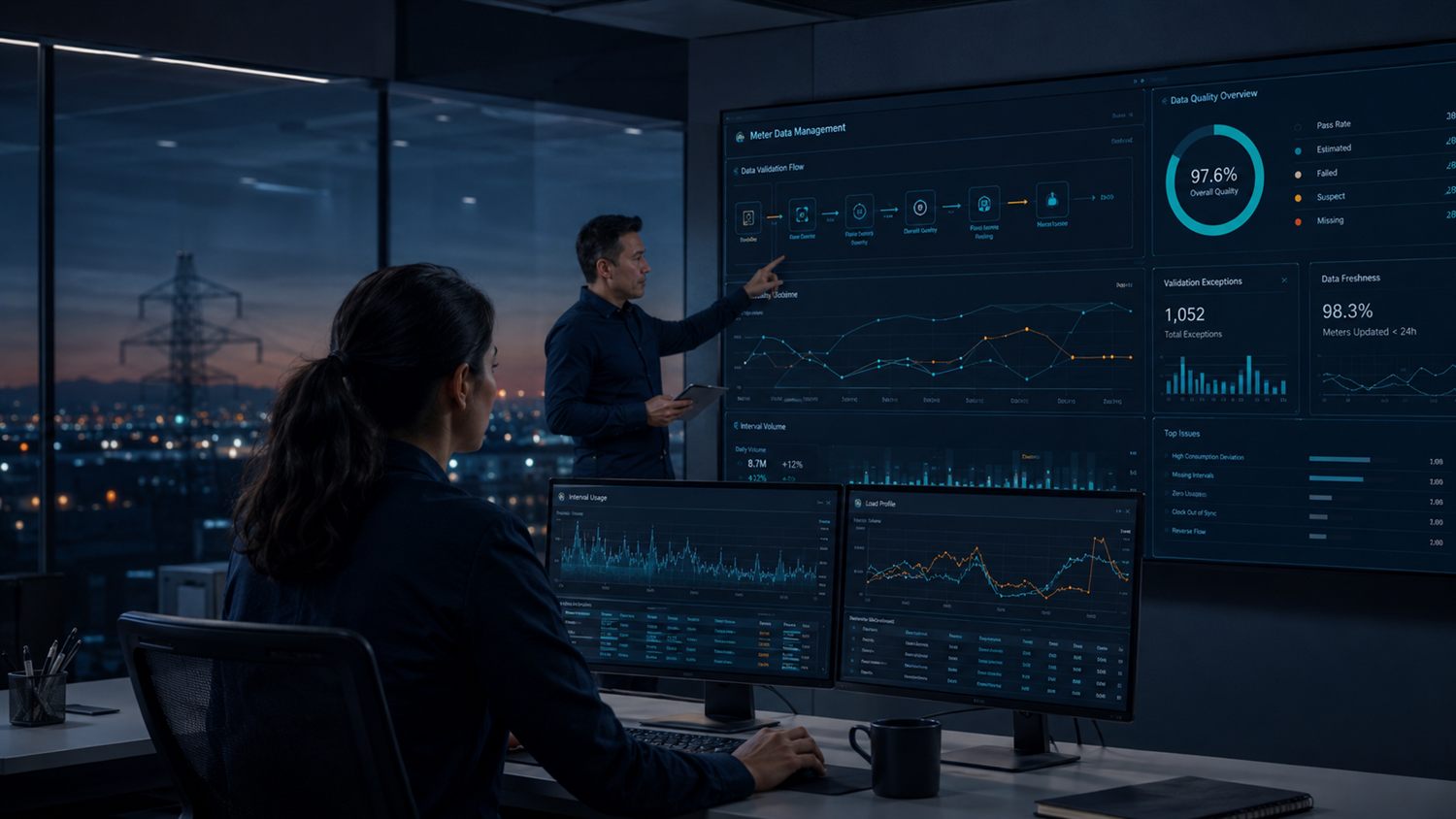 Utility analysts reviewing validated meter-data dashboards