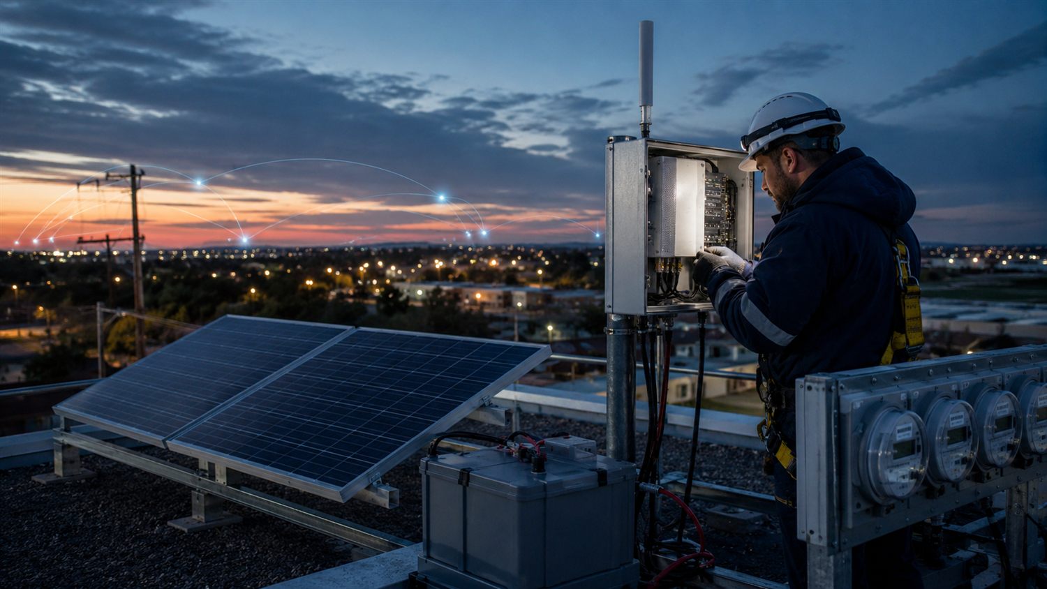 Field engineer configuring rooftop smart-grid communication infrastructure
