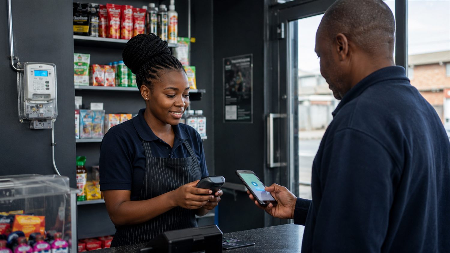 Customer topping up a prepaid energy meter at a local vending point